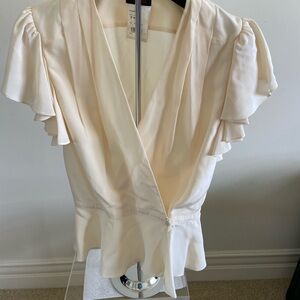 Escada Cream Ruffled Peplum Blouse with Flutter Sleeves